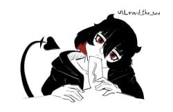 artist_name black_hair blowjob casual chase_(i'm_the_grim_reaper) clothed_female_nude_male clothed_sex demon_girl disembodied_penis eye_contact fully_clothed handjob horns i'm_the_grim_reaper lewd_the_tard looking_at_viewer oral penis_in_mouth pov red_eyes scarlet_(i'm_the_grim_reaper) short_hair sucking_penis tail vein veiny_penis webtoon