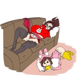 big_breasts bunny_hood hakkim_animation half_naked lazy lying_on_back lying_on_ground mikkah_(hakkim_animation) misha_(hakkim_animation) nipple_bulge pillow skirt_around_belly stockings