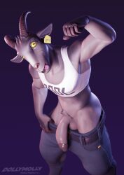 2022 3d 3d_(artwork) absurd_res anthro bottomwear bottomwear_down bovid bovid_horn caprine caprine_horn clothed clothing crop_top digital_media_(artwork) dollymolly323 epic_games flexing fortnite genitals goat goat_horn goat_simulator hi_res high-angle_view horn long_penis looking_at_viewer male mammal muscular muscular_male pants pants_down partially_clothed penis pilgor_(goat_simulator) pose pupils rule_63 shirt simple_background slit_pupils solo standing tongue tongue_out topwear