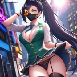 ai_generated akali armband black_hair city college diamond earrings fur green_eyes highschool industrial league_of_legends lingerie long_hair nail_polish neon patreon ponytail ring shirt skirt sobuto spikes stockings thigh_garter tie uniform