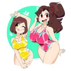 2girls big_breasts brown_hair female female_only hakkim_animation huge_breasts long_hair mikkah_(hakkim_animation) misha_(hakkim_animation) multiple_girls posing red_eyes short_hair swimsuit thick_thighs tied_hair