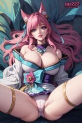 9_tails ahri ai_generated blue_eyes cherry_blossom cherry_blossoms cleavage ee222_aiart fox_ears fox_tail huge_breasts imminent_sex league_of_legends missionary missionary_position nine_tailed_fox pink_hair spirit_blossom_ahri spirit_blossom_series spread_legs stable_diffusion vastaya