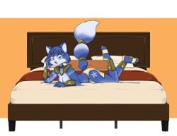 anthro blue_fur female ffa5 fox fox_girl furry krystal laying_on_bed laying_on_side loincloth looking_at_viewer nintendo on_bed sequence star_fox star_fox_adventures