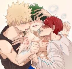 3boys bite bite_mark blonde_hair blush domination gay grabbing_from_behind green_hair hand_in_hair hand_on_head heart_shape hugging_from_behind ice izuku_midoriya katsuki_bakugou male male_only my_hero_academia pushing_away red_hair sandwiched shirtless shirtless_(male) shouto_todoroki threesome two_tone_hair yaoi