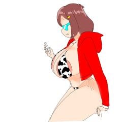 big_breasts blue_glasses brown_hair cow_bikini hakkim_animation leaning_back misha_(hakkim_animation)