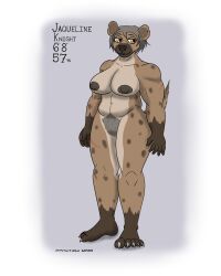 2023 absurd_res anthro arm_scar brown_body brown_eyes brown_fur chubby_female colored dark_nipples dipstick_limbs female fur grey_hair hair hi_res hyena leg_scar mammal mature_female messy_hair musclegut muscular navel notched_ear panzerschreckleopard pubes scar solo spotted_hyena