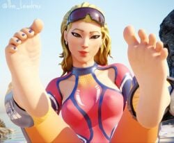 1girls 3d barefoot beach blender blonde_hair epic_games eyewear_on_head feet foot_fetish fortnite fortnite:_battle_royale lewdrex medley_(fortnite) oil smirk toenail_polish watermark