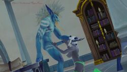 1boy 1girls 3d big_breasts big_penis blizzard_entertainment blue_skin handjob holding_head interspecies kneeling nightborne orgess orgess3d original_character purple_skin tongue_out troll troll_(warcraft) warcraft white_hair world_of_warcraft