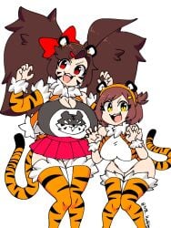 big_breasts brown_hair cosplay hakkim_animation mikkah_(hakkim_animation) misha_(hakkim_animation) posing red_eyes skirt tagme tied_hair tiger_costume tiger_stripes tiger_tail tiger_trace yellow_eyes