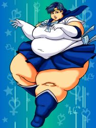 ami_mizuno bbw bishoujo_senshi_sailor_moon blue_boots blue_dress blue_hair clothing fat fat_belly fat_legs female large_breasts looking_at_viewer mercury_symbol ray_norr sailor_mercury skirt ssbbw weight_gain