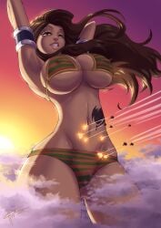 arms_behind_head bikini brown_hair cana_alberona clouds color explosion fairy_tail fighter_jet giantess huge_breasts long_hair macro sideboob sunset tattoo underboob zerohour99