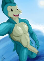 1boy 2021 absurd_res anthro anthrofied balls big_muscles blue_balls blue_body blue_glans blue_skin buckteeth day fish genitals glans greey help!_im_a_fish highres humanoid_genitalia humanoid_penis male male_only marine muscular muscular_anthro muscular_male open_mouth open_smile outside penis rule_63 sasha_(help!_im_a_fish) seahorse sky smile solo standing sun syngnathid syngnathiform teeth tongue water