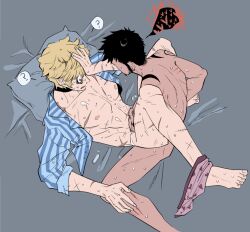 2boys ? black_hair blonde_hair confusion donquixote_rosinante feet_up full_body gajja gay hand_on_head high-angle_view implied_anal legs_held_open long_sideburns male male_only nervous nude nude_male official_alternate_costume on_back on_bed one_piece open_shirt partially_clothed scars scratches sideburns spoken_heart sweat tattoo tattoos trafalgar_law underwear_around_one_leg underwear_down yaoi