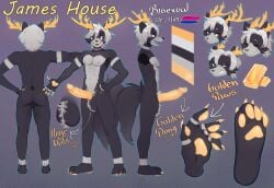 1boy anthro anthro_only antlers big_penis big_tail canid canine canis claws deer finger_claws fingerpads genitals gold_penis grey_hair hair horn hybrid james_house_(embersnek) male male_only mammal model_sheet pawpads pecs penis samma9 solo solo_focus tail wolf