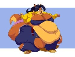 angry_expression bbw blue_bra blue_pants carmelita_fox fat female ffa5 fox fox_ears fox_girl fox_tail huge_belly morbidly_obese overweight pink_panties sequence sly_cooper_(series) ssbbw torn_clothes torn_pants weight_gain