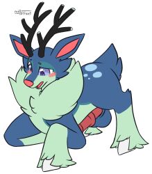 2023 alternate_color animal_genitalia animal_penis antlers artist_name back_markings blue_body blue_fur blush blush_lines deer equine_genitalia equine_penis erection eye_markings eyebrows facial_markings feral flat_colors fur generation_5_pokemon genitals green_body green_fur head_markings hi_res hooves horn kneeling lavender_eyes leg_tuft male male_only mammal markings medial_ring neck_tuft nintendo nulloffset on_one_knee penis pink_body pink_nose pokemon pokemon_(species) quadruped sawsbuck scut_tail short_tail simple_background solo spots spotted_body spotted_fur tail tail_tuft tuft white_background winter_sawsbuck