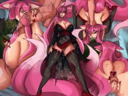 amaya_(sillydraggo) buttplug ear_piercing eyes_rolling_back fellatio fox_ears fox_tail group_sex kemonomimi kitsune large_breasts looking_pleasured masturbation monster_girl multiple_tails nipple_piercing oc oral original original_character pink_fur pink_hair red_eyes sillydraggo wet wet_pussy