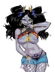 1girls fishnets gyaru homestuck lysanthum shirt_lift slutty_outfit stomach_tattoo tattoo twintails vriska_serket