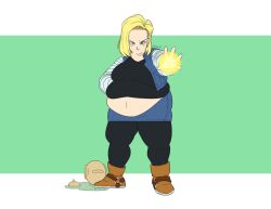 android_18 bbw black_leggings blonde_hair dragon_ball dragon_ball_z energy_ball facing_viewer fat fat_belly female ffa5 sequence smug_face ssbbw weight_gain