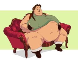 bbw boots braid breasts brown_hair cankles commission couch dark_hair fat fat_ass fat_belly fat_face fat_neck female ffa5 green_shirt holding_breast holding_stomach huge_belly huge_breasts lara_croft lara_croft_(classic) large_belly large_breasts looking_down mature_female neck nipple_bulge nipples simple_background sitting_down sitting_on_couch smile ssbbw tank_top tomb_raider weight_gain