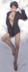 barefoot black_hair blush bottomless chest_tattoo covering_crotch covering_self dakimakura dakimakura_design full_body grey_eyes male male_only on_back on_bed one_piece open_shirt oversized_clothes sheet_grab sleeves_past_wrists solo tanaka_1001 tattoo tears trafalgar_law twink