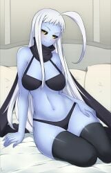 bedroom_eyes blue_skin blushing bra caressing_thigh dark_sclera dullahan female hand_on_hip inviting lala_(monster_musume) lindaroze lowered_eyelids monster_musume_no_iru_nichijou panties scarf seductive seductive_pose seductive_smile thighhighs