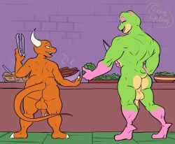 2022 2_horns amphibian anthro ass backsack balls beef big_balls big_butt big_penis brick_wall caspar_the_frog casual_nudity cerealharem_(artist) claws cooking demon digitigrade duo flaccid food frog genitals glans gloves_(marking) green_eyes half-closed_eyes hi_res holding_knife holding_object horn humanoid_genitalia humanoid_penis knife leg_markings lettuce looking_at_another male markings meat muscular muscular_anthro muscular_male narrowed_eyes open_mouth orange_balls orange_body orange_penis orange_perineum orange_scales overweight overweight_anthro overweight_male penis perineum pink_glans plant rear_view scales sharp_teeth smile socks_(marking) standing steak steam teeth to-be-named-later toe_claws vegetable wall_(structure) white_claws white_horn yellow_balls yellow_penis yellow_perineum