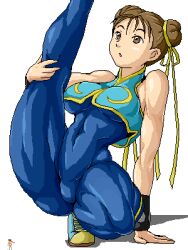 1girls 2008 bodysuit breasts brown_hair chun-li isu muscular_female muscular_thighs skin_tight street_fighter street_fighter_alpha thighs