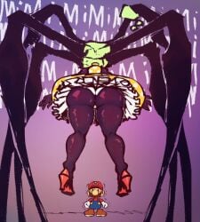 1boy1girl 2023 ass ass_focus big_ass buttons english_text from_behind hat high_heels mario mario_(series) mimi_(super_paper_mario) nervous nervous_sweat nintendo overalls pantyhose pantyshot paper_mario prehensile_hair purple_background spider_girl super_paper_mario thick_thighs upskirt wolflance