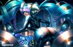 ai_generated ass audiostick blue_hair bodysuit breasts colorful dj dj_sona from_behind headgear headphones headwear helmet hi_res high_resolution highres large_ass league_of_legends looking_at_viewer looking_back riot_games skin_tight skintight small_waist sona_buvelle stable_diffusion tight_clothing watermark wide_hips