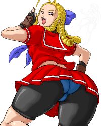 2009 2girls ass ass_focus bike_shorts blonde_hair curled_tail female female_only isu karin_kanzuki laughing ojou-sama ojou-sama_pose sakura_kasugano shorts skirt street_fighter when_you_see_it