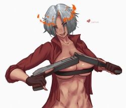 1girls breast_press breast_squeeze breasts dante devil_may_cry genderswap_(mtf) grey_hair im0teh looking_at_viewer open_mouth rule_63 tape