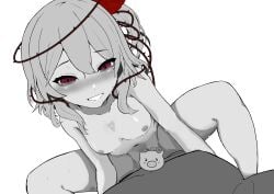 1boy absurdres blush breasts censored cowgirl_position female hair_between_eyes highres imnotangrywell looking_at_viewer medium_hair monochrome navel nijisanji nijisanji_en nipples novelty_censor nude pov red_eyes rosemi_lovelock sex short_sidetail small_breasts smile squatting_cowgirl_position straight sweat thorns virtual_youtuber white_background