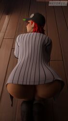 1girls ass baseball_cap baseball_uniform bent_over big_ass blue_eyes blush boots dusty_(fortnite) ear_piercing earrings facial_piercing female female_focus female_only fortnite fortnite:_battle_royale hat imminent_sex indoors ky0rii looking_at_viewer looking_back partially_clothed piercing pussy red_hair short_hair socks tagme thick_ass