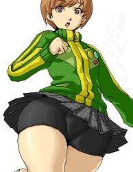 00s 2000s 2009 anime big_ass bike_shorts black_bottomwear booty_shorts clothing compression_shorts female female_only human isu jacket manga nude_female outerwear pale_skin persona persona_4 satonaka_chie shorts shorts_under_skirt skirt sportswear strong_tomboy_(spectrum) thick_thighs thighs tight_clothing tight_shorts tomboy upskirt video_game_franchise when_you_see_it