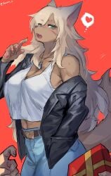 1girls belt blonde_hair brown_fur clothing female fur furry green_eyes jacket jeans leather_jacket long_hair looking_at_viewer midriff necklace pov present suurin_(ksyaro) tail