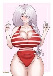 afimaki aged_up blush breasts cleavage closed_eyes danganronpa danganronpa_3 kimura_seiko large_breasts one-piece_swimsuit straight_hair swimsuit thick_thighs thighs