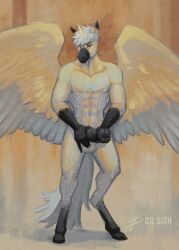 alicorn animal_genitalia animal_penis anthro auric_the_alicorn balls big_penis cu_sith_(artist) cybernetics cyberpunk equestrian equid equine equine_genitalia equine_penis erection fur genitals hi_res horn looking_at_viewer machine male mammal nude penis solo wings yellow_body yellow_fur