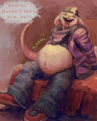 anthro bandana belly breath clothing duo hi_res hoodie kerchief lies lying male male/male mammal mouse murid murine nommz nommz_(character) open_mouth oral_vore rodent rumbling_stomach shirt skater slade_(kyteriah) stomach_bulge tongue tongue_out topwear vore