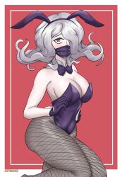 afimaki alternate_version_available blush breasts bunny_ears bunny_girl bunny_tail bunnysuit cleavage danganronpa danganronpa_3 facemask fishnet fishnet_legwear fishnets gloves kimura_seiko large_breasts looking_at_viewer straight_hair thick_thighs thighs