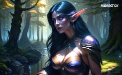 1girls ai_generated audiostick blue_hair breasts cleavage colored colorful earrings elf elf_ears elf_female elf_girl forest glowing_eyes medium_breasts night_elf realistic solo stable_diffusion stream sunlight warcraft water watermark world_of_warcraft wow