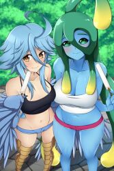 2girls belly_button blue_hair breasts brown_eyes cleavage clothed clothes clothing crop_top cropped_tank_top duo female fully_clothed green_eyes green_hair harpy lindaroze midriff monster_girl monster_musume_no_iru_nichijou multiple_girls navel papi_(monster_musume) popsicle short_shorts shorts slime slime_girl slime_hair smile suu_(monster_musume) tank_top