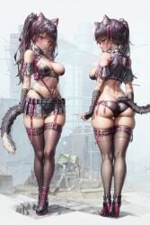 ai_generated animal_ears bare_shoulders bikini black_bikini black_gloves black_swimsuit breasts brown_hair cat_ears cat_girl chest_harness clenched_hand clothing cowboy_shot detached_collar female female fingerless_gloves gloves goddess_of_victory:_nikke hair_between_eyes hair_intakes hair_ornament hair_ribbon hairclip harness heterochromia light_blush long_hair looking_at_viewer medium_breasts navel nero_(nikke) one_arm_up pouch purple_eyes red_eyes ribbon sidelocks simple_background skindentation solo standing string_bikini swimsuit tied_hair tongue tongue_out twintails white_background