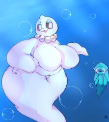 anthro belly big_breasts breasts bubble collar collar_only dewgong duo female fin gem hi_res horn huge_breasts legless nintendo nude pearl_(gem) pokemon simple_background stevest58244496 underwater water white_body white_eyes