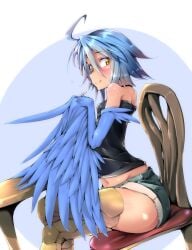 amber_eyes bird_girl bird_humanoid bird_legs bird_wings black_shirt blue_hair blue_jeans blue_wings blush blushing_at_viewer blushing_profusely chair crossed_legs exposed_thighs fully_clothed happy happy_female hybrid jean_shorts jorts large_ass light_blue_hair looking_at_viewer monster_girl monster_musume_no_iru_nichijou papi_(monster_musume) pocky short_hair side_view sitting small_breasts smiling smiling_at_viewer spiky_hair sweets table uno_ryoku