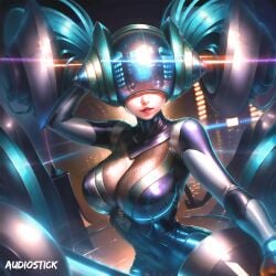 ai_generated audiostick blue_hair bodysuit breasts cleavage colored colorful dj dj_sona headgear headphones headwear helmet hi_res high_resolution highres large_breasts league_of_legends looking_at_viewer riot_games skin_tight skintight sona_buvelle stable_diffusion tight_clothing watermark