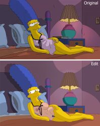 accurate_art_style bed bedroom big_breasts blue_hair breasts comparing edit gp375 lingerie marge_simpson milf pubic_hair screencap sheer_clothes the_simpsons third-party_edit