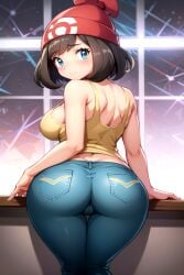 ai_generated arms_at_sides ass_focus background_pattern big_butt blue_jeans bob_cut cameltoe from_behind jeans looking_back pokemon red_beanie selene_(pokemon) seraphim_ai short_hair stable_diffusion standing yellow_tank_top