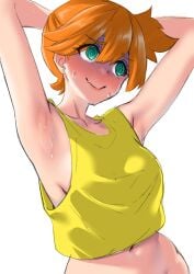 arm_behind_head armpits arms_up asymmetrical_hair blush breasts creatures_(company) female female_focus game_freak gen_1_pokemon green_eyes hair_tie highres kasumi_(pokemon) medium_breasts mrbowater navel nintendo pokemon pokemon_(anime) pokemon_(classic_anime) ponytail shirt short_hair shorts side_ponytail solo stomach suspender_shorts suspenders sweat sweatdrop tank_top yellow_shirt