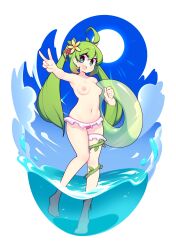 1girls beach fizintine green_hair ocean original original_character peace_sign topless